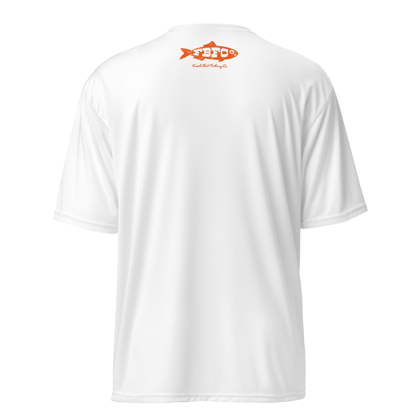 Fresh Bait Fishing Co. Blue & Orange Logo performance crew neck t-shirt