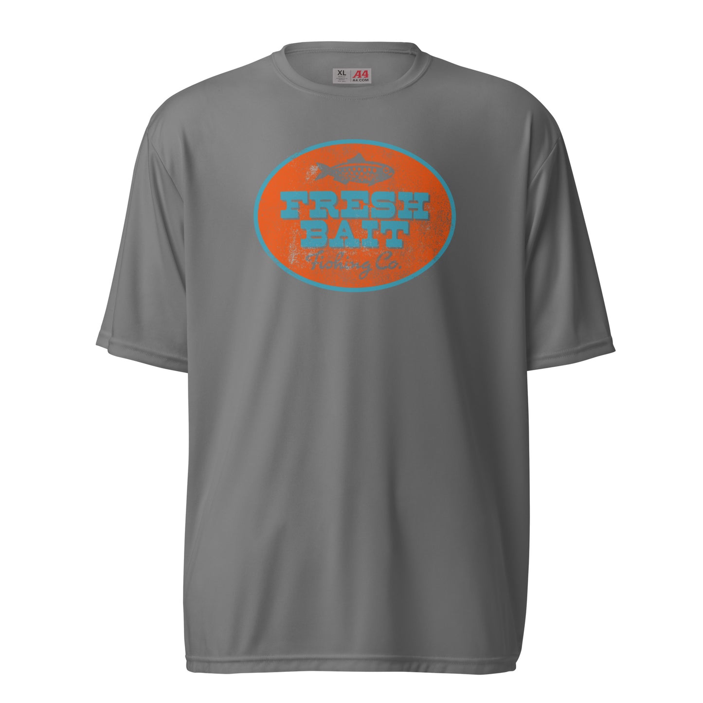 Fresh Bait Fishing Co. Blue & Orange Logo performance crew neck t-shirt