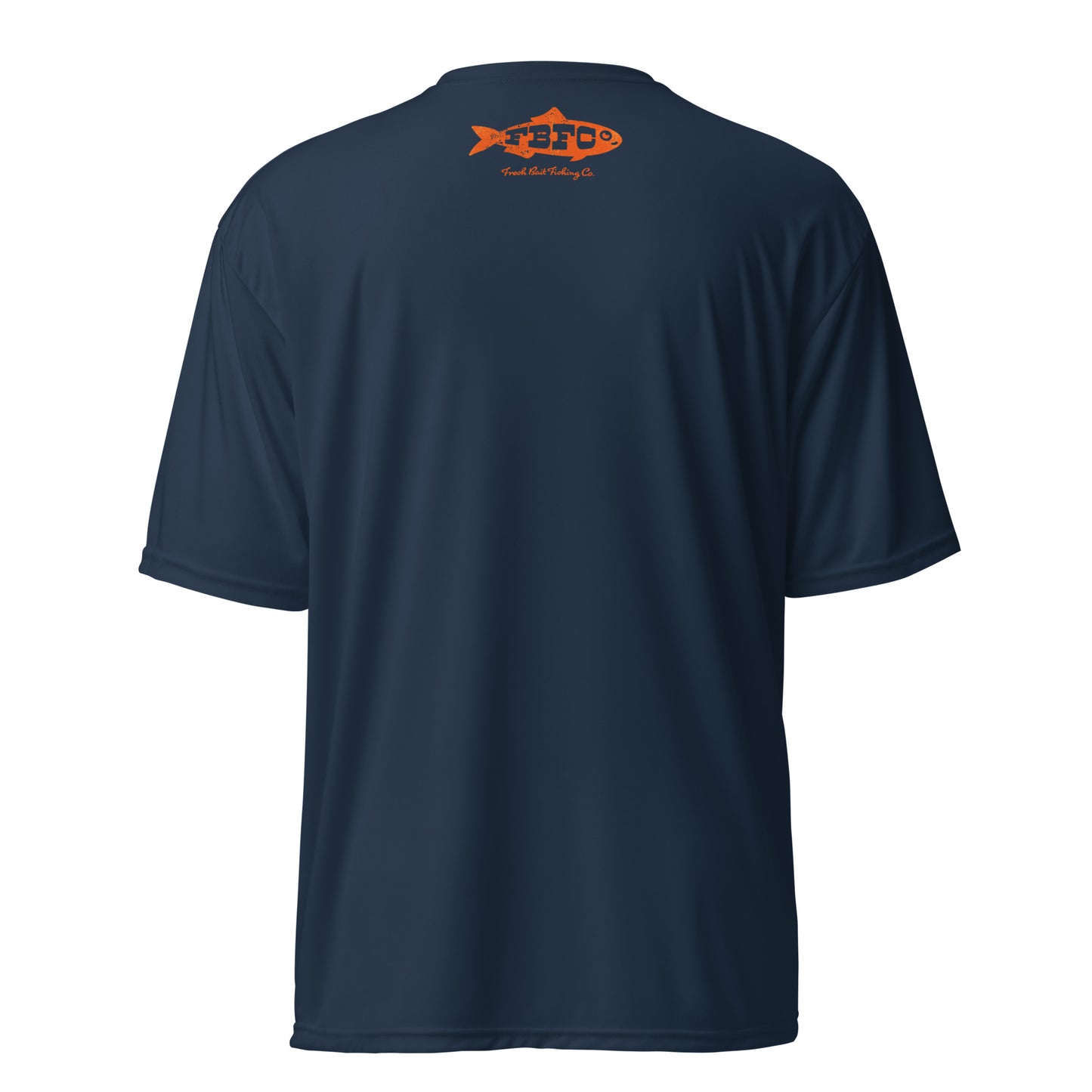 Fresh Bait Fishing Co. Blue & Orange Logo performance crew neck t-shirt