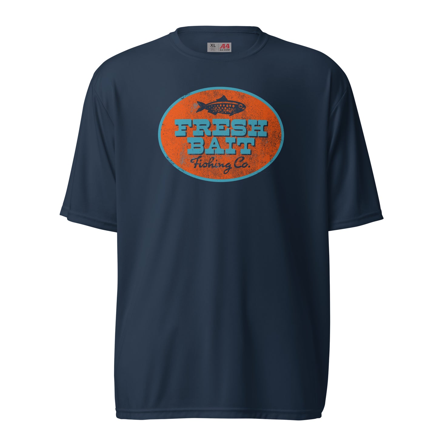 Fresh Bait Fishing Co. Blue & Orange Logo performance crew neck t-shirt