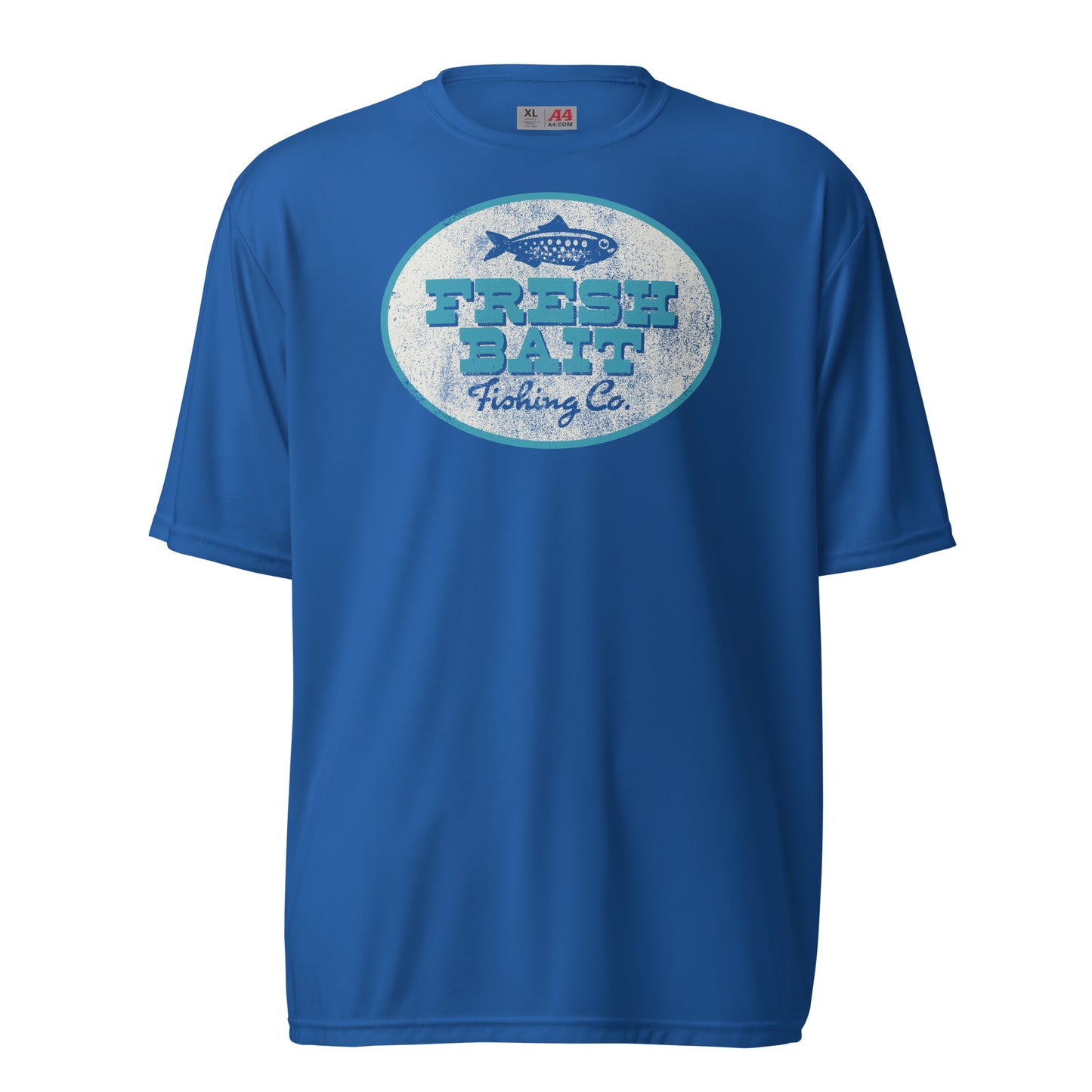 Fresh Bait Fishing Co. Logo T - Blue & White performance crew neck t-shirt