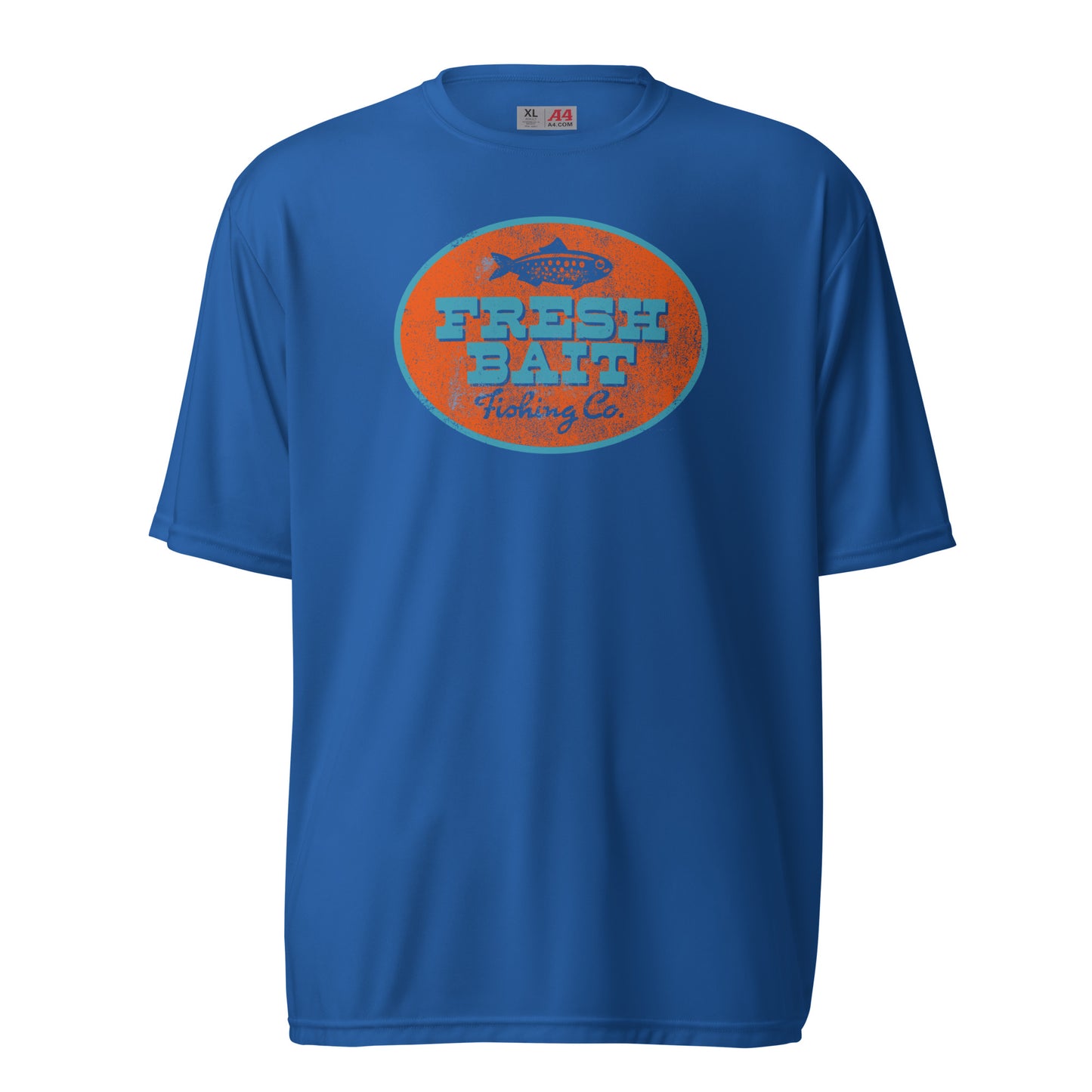 Fresh Bait Fishing Co. Blue & Orange Logo performance crew neck t-shirt