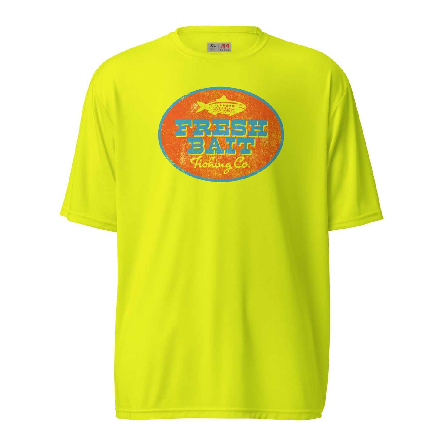 Fresh Bait Fishing Co. Blue & Orange Logo performance crew neck t-shirt
