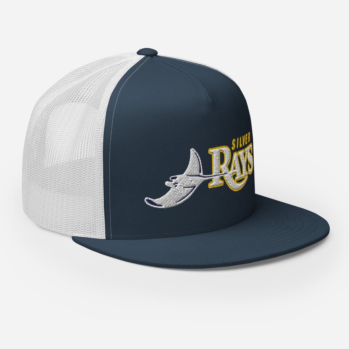 White Silver Rays Embroidered Trucker Cap - Straight Bill