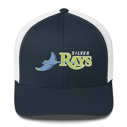 Navy and White Trucker Cap with Bright Yellow and Light blue Silver Rays Logo