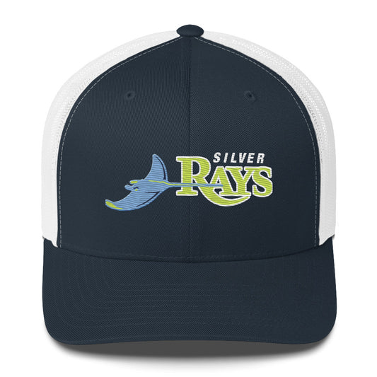 Navy and White Trucker Cap with Bright Yellow and Light blue Silver Rays Logo